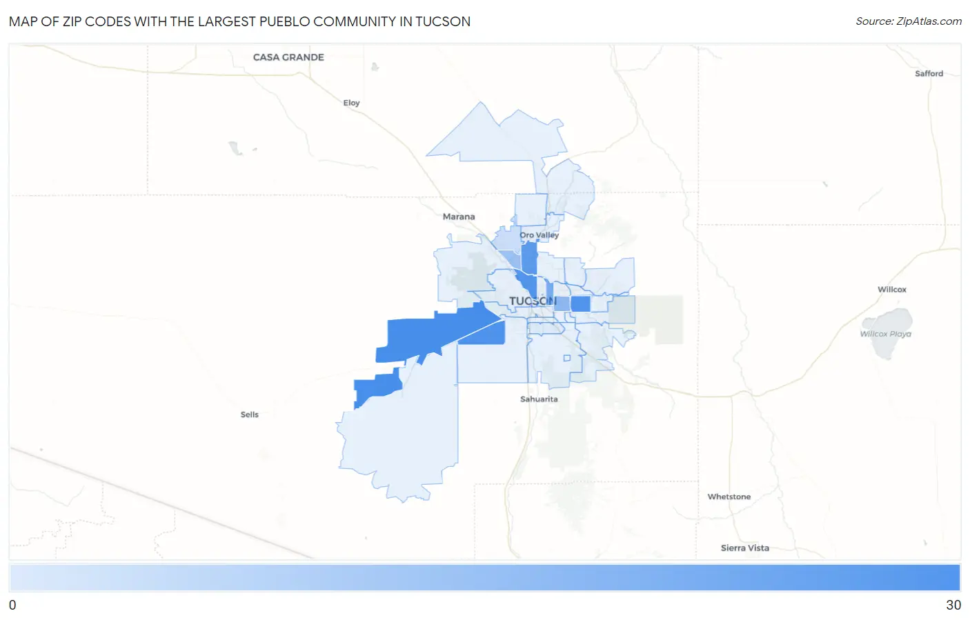 Zip Codes with the Largest Pueblo Community in Tucson Map