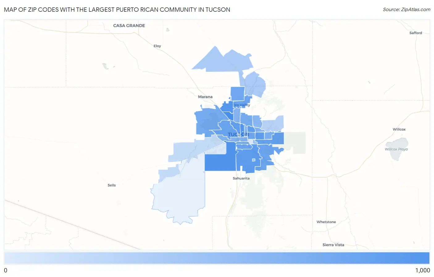 Zip Codes with the Largest Puerto Rican Community in Tucson Map