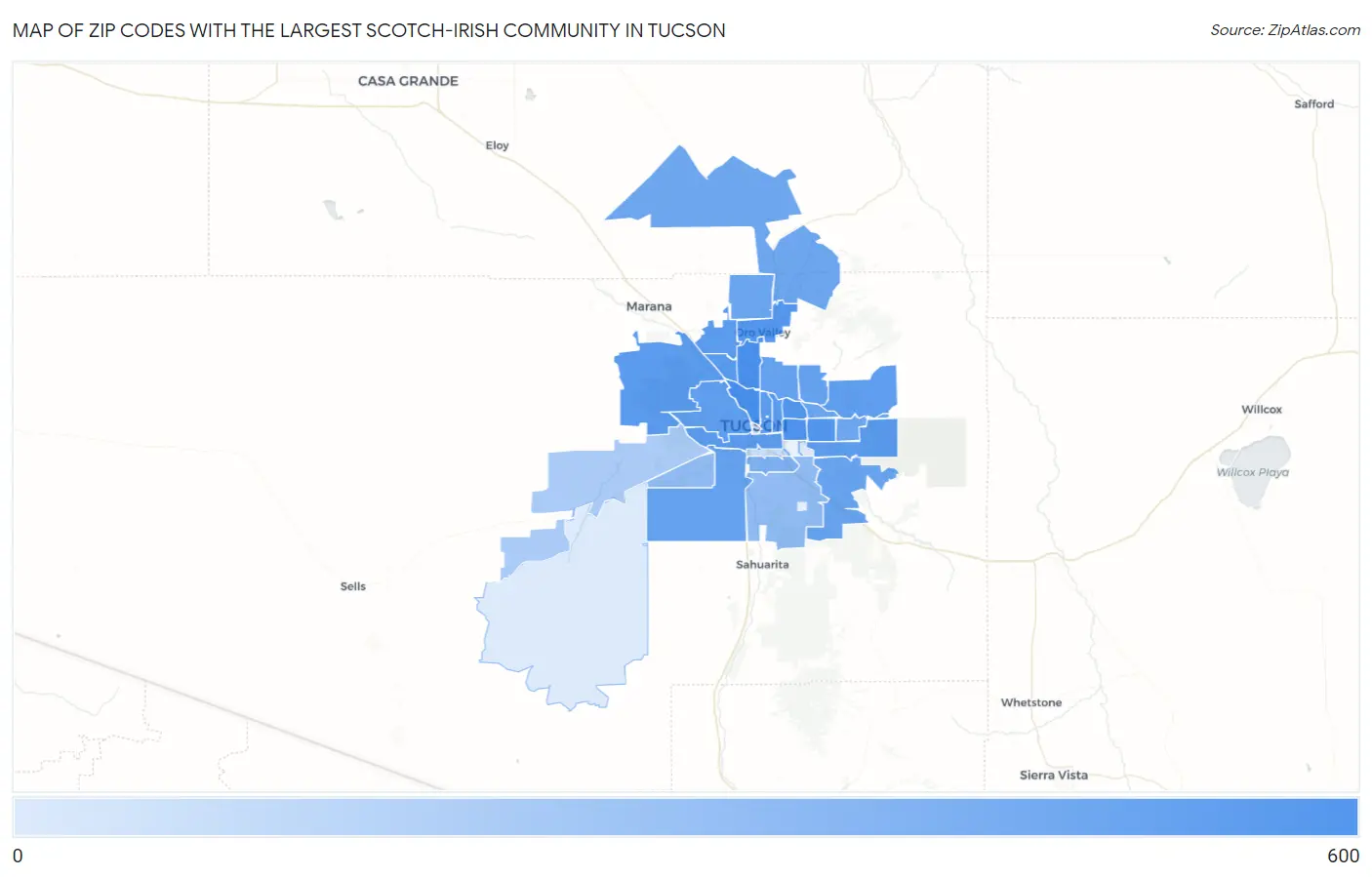 Zip Codes with the Largest Scotch-Irish Community in Tucson Map