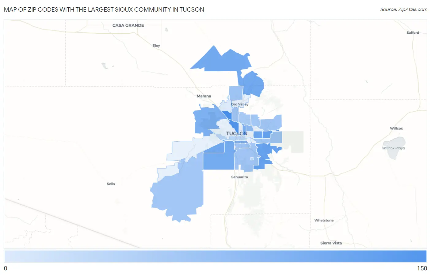 Zip Codes with the Largest Sioux Community in Tucson Map