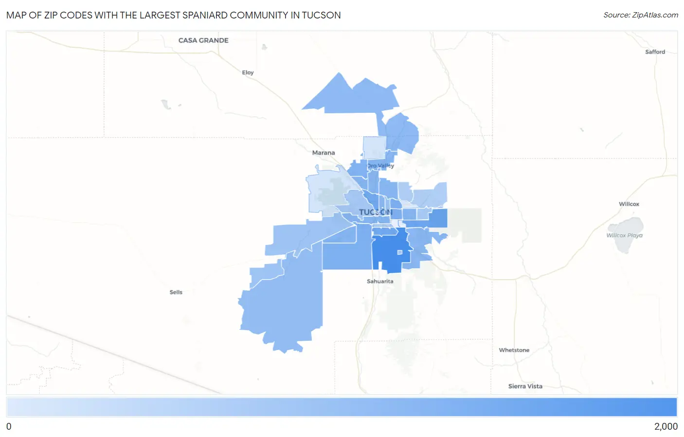 Zip Codes with the Largest Spaniard Community in Tucson Map