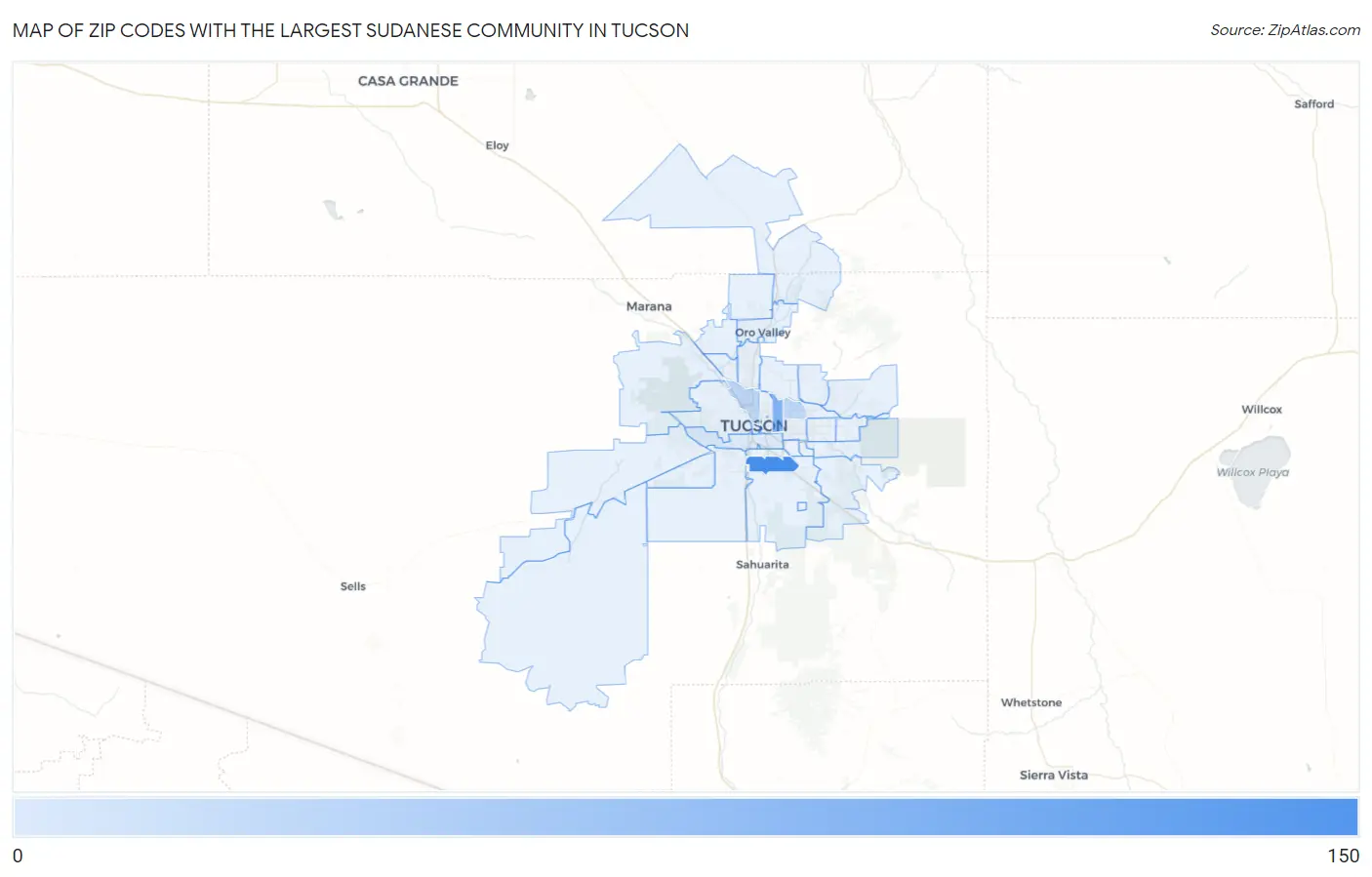 Zip Codes with the Largest Sudanese Community in Tucson Map