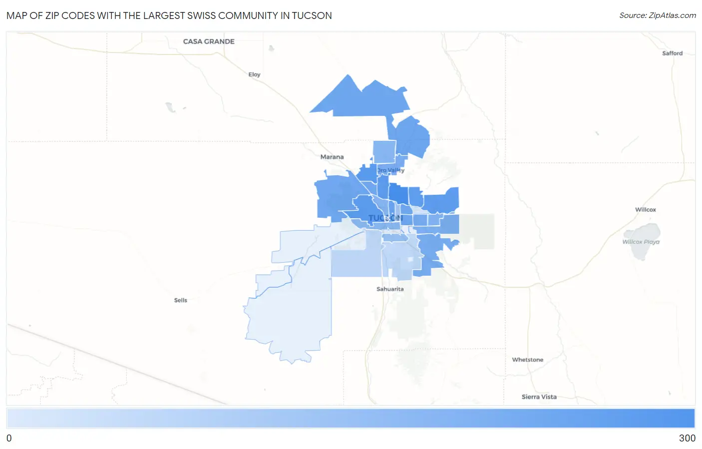 Zip Codes with the Largest Swiss Community in Tucson Map
