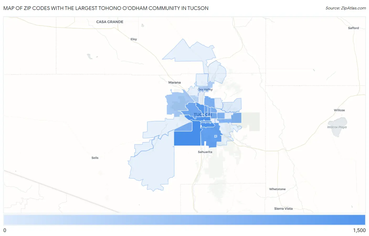 Zip Codes with the Largest Tohono O'Odham Community in Tucson Map