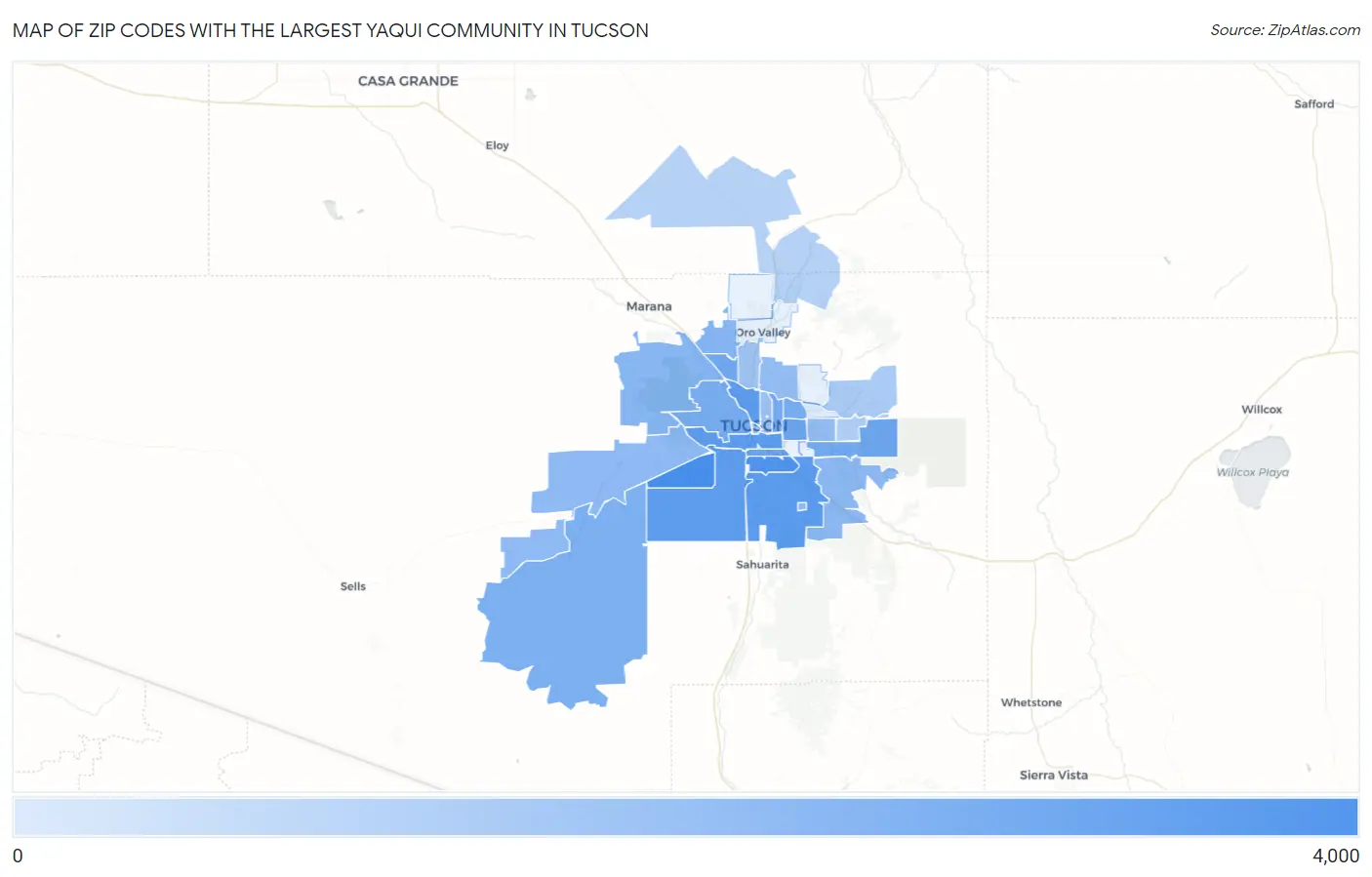 Zip Codes with the Largest Yaqui Community in Tucson Map