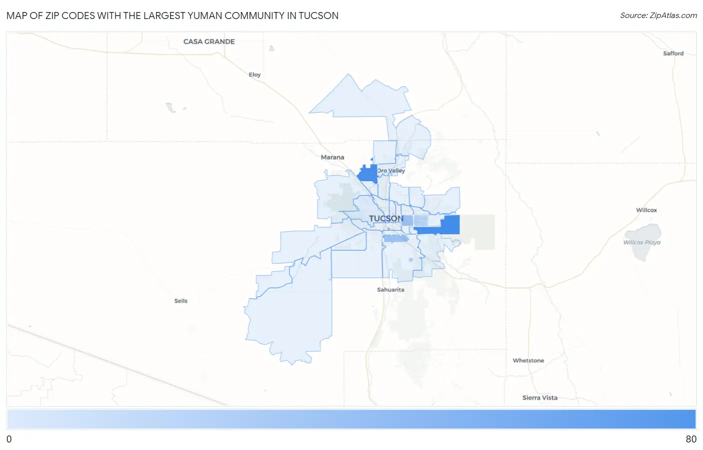 Zip Codes with the Largest Yuman Community in Tucson Map