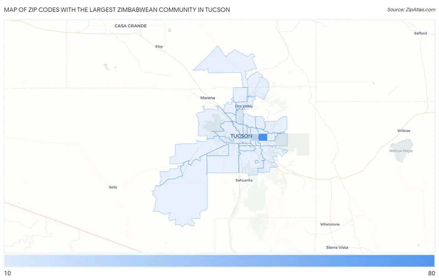 Zip Codes with the Largest Zimbabwean Community in Tucson Map