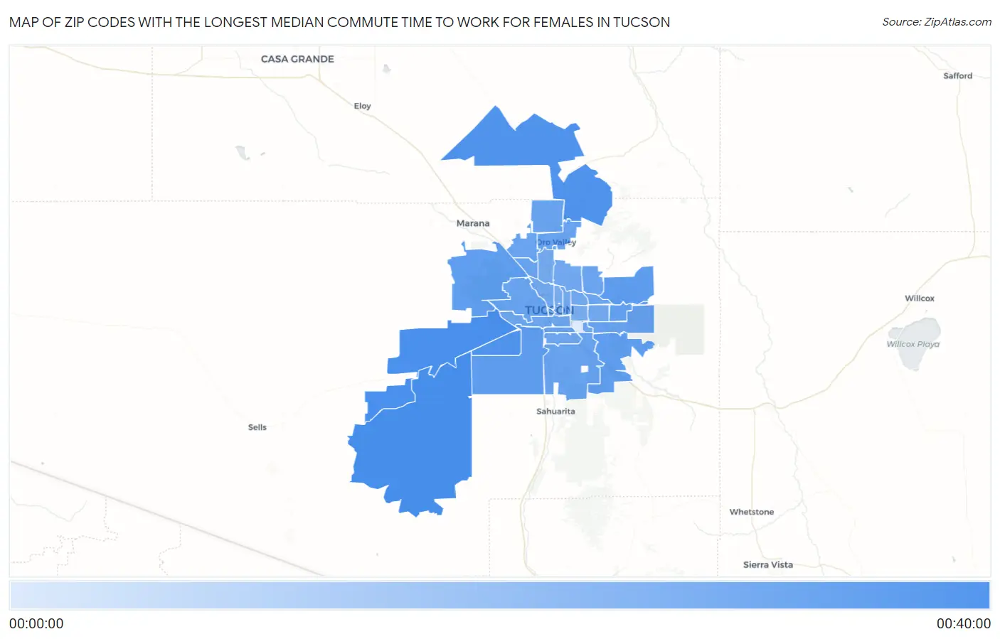 Zip Codes with the Longest Median Commute Time to Work for Females in Tucson Map