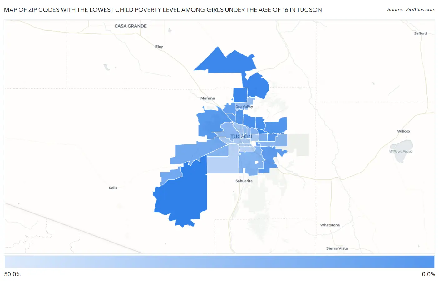 Zip Codes with the Lowest Child Poverty Level Among Girls Under the Age of 16 in Tucson Map