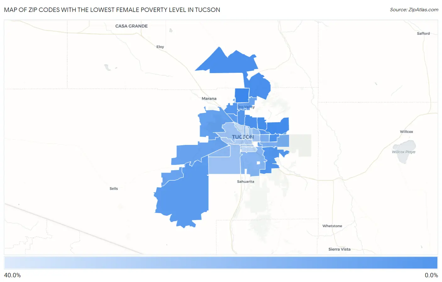 Zip Codes with the Lowest Female Poverty Level in Tucson Map