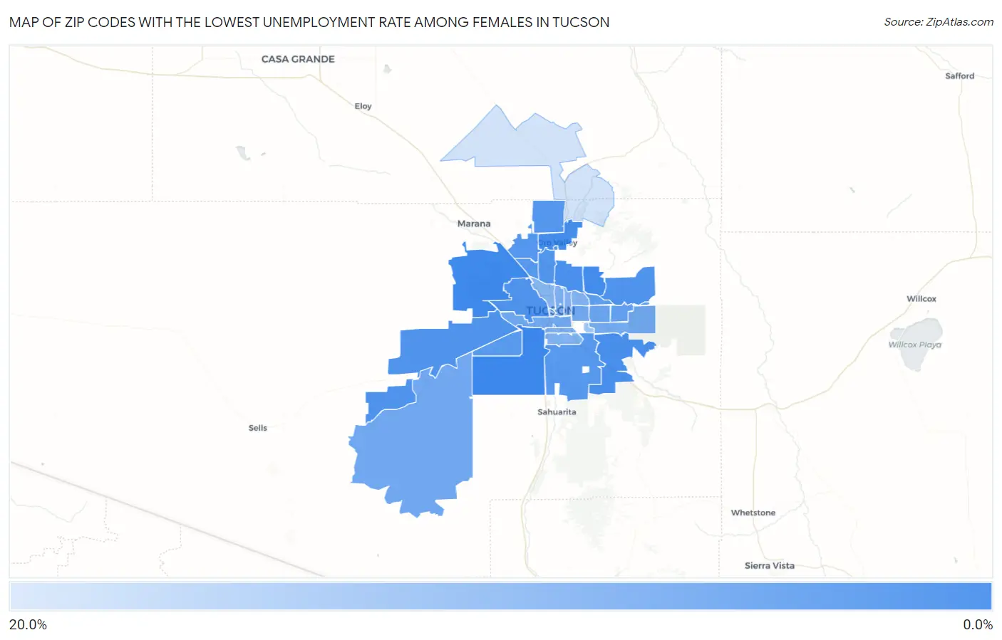 Zip Codes with the Lowest Unemployment Rate Among Females in Tucson Map
