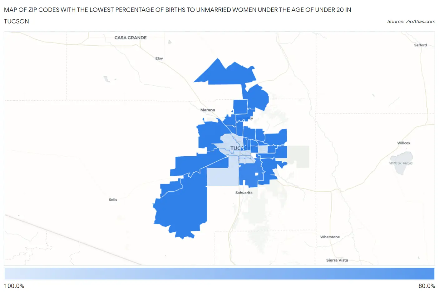 Zip Codes with the Lowest Percentage of Births to Unmarried Women under the Age of under 20 in Tucson Map