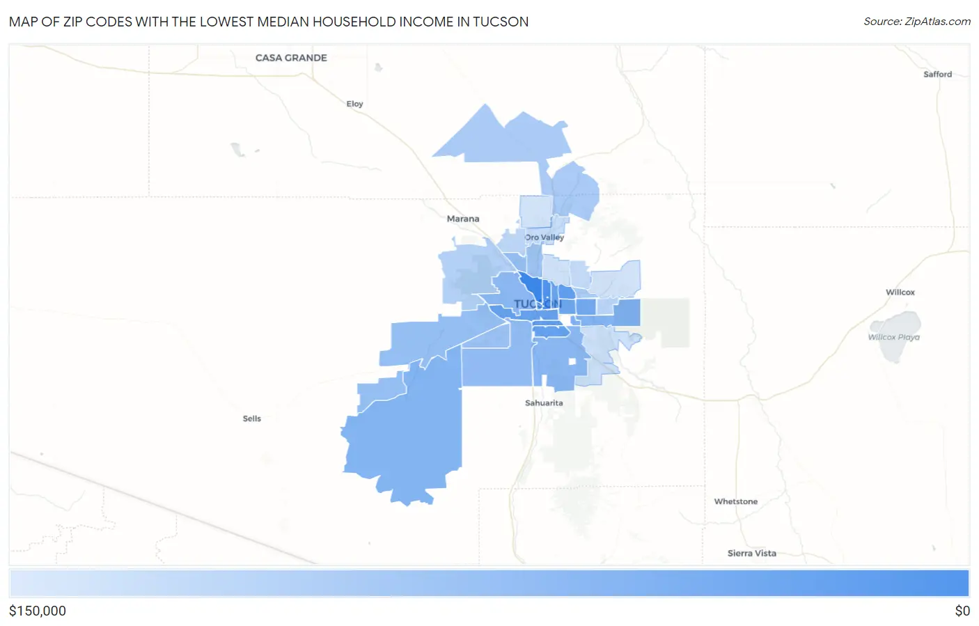 Zip Codes with the Lowest Median Household Income in Tucson Map