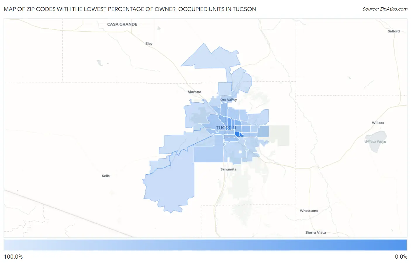 Zip Codes with the Lowest Percentage of Owner-Occupied Units in Tucson Map