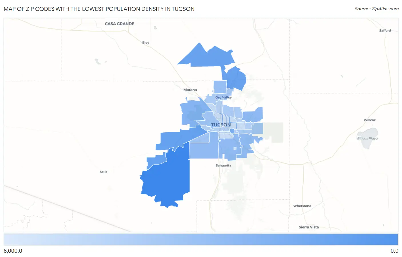 Zip Codes with the Lowest Population Density in Tucson Map