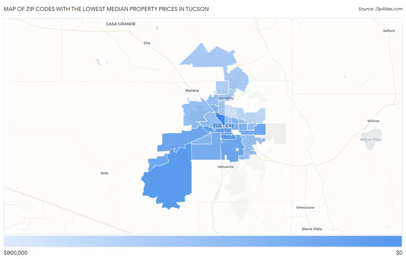 Zip Codes with the Lowest Median Property Prices in Tucson Map