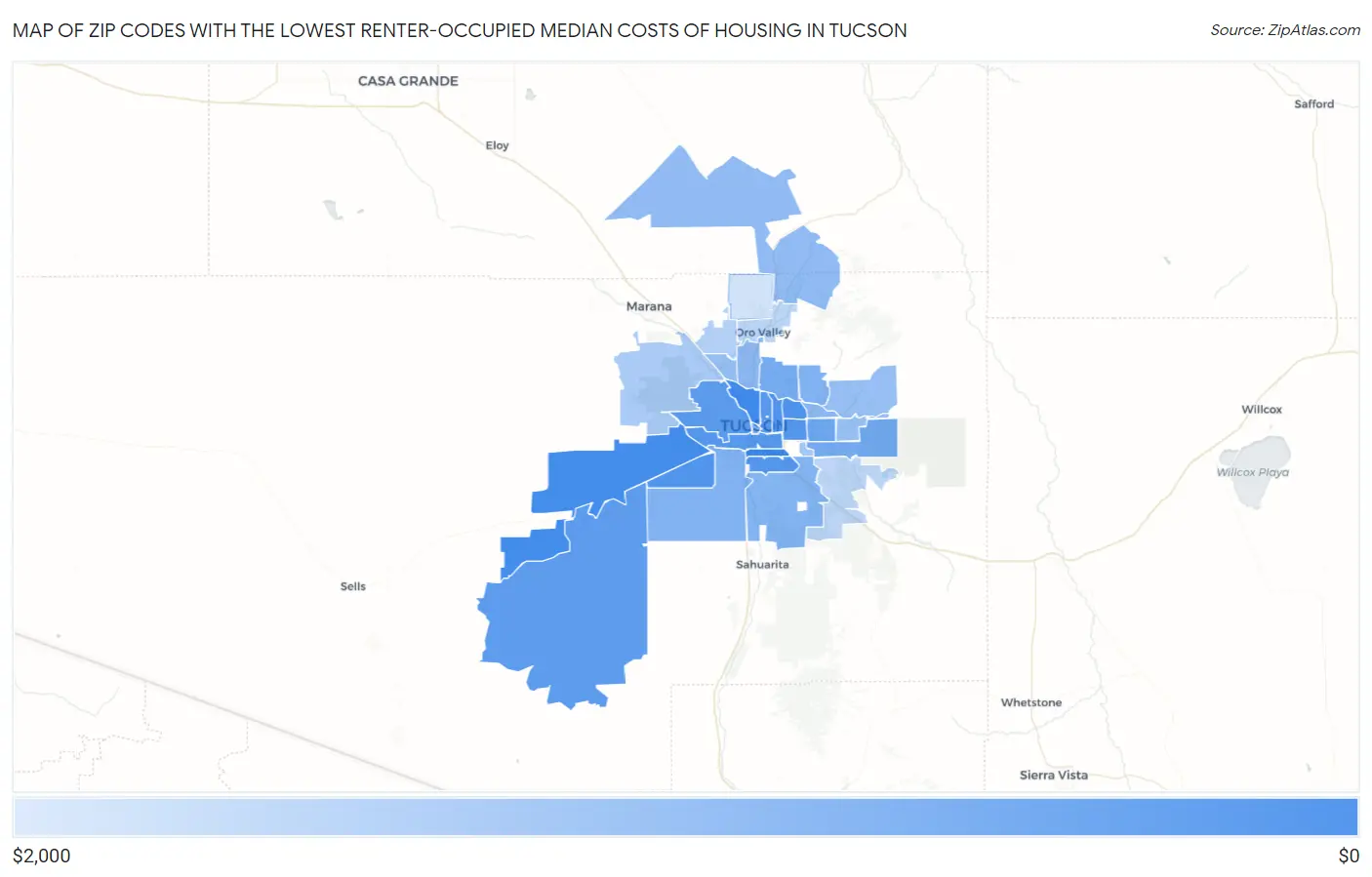 Zip Codes with the Lowest Renter-Occupied Median Costs of Housing in Tucson Map