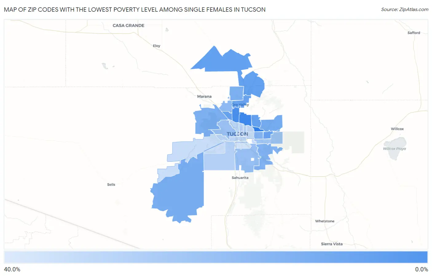Zip Codes with the Lowest Poverty Level Among Single Females in Tucson Map