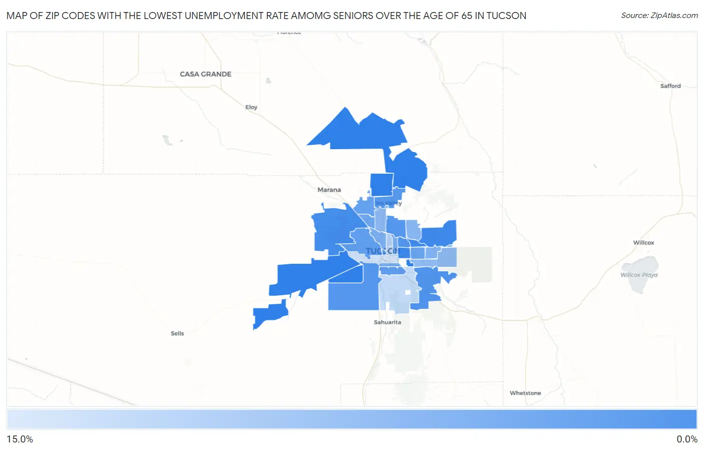 Zip Codes with the Lowest Unemployment Rate Amomg Seniors Over the Age of 65 in Tucson Map