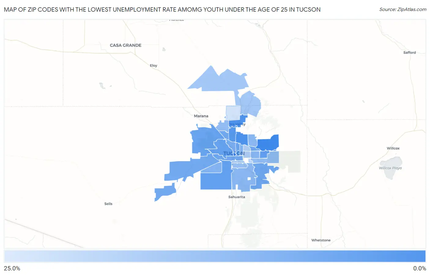 Zip Codes with the Lowest Unemployment Rate Amomg Youth Under the Age of 25 in Tucson Map