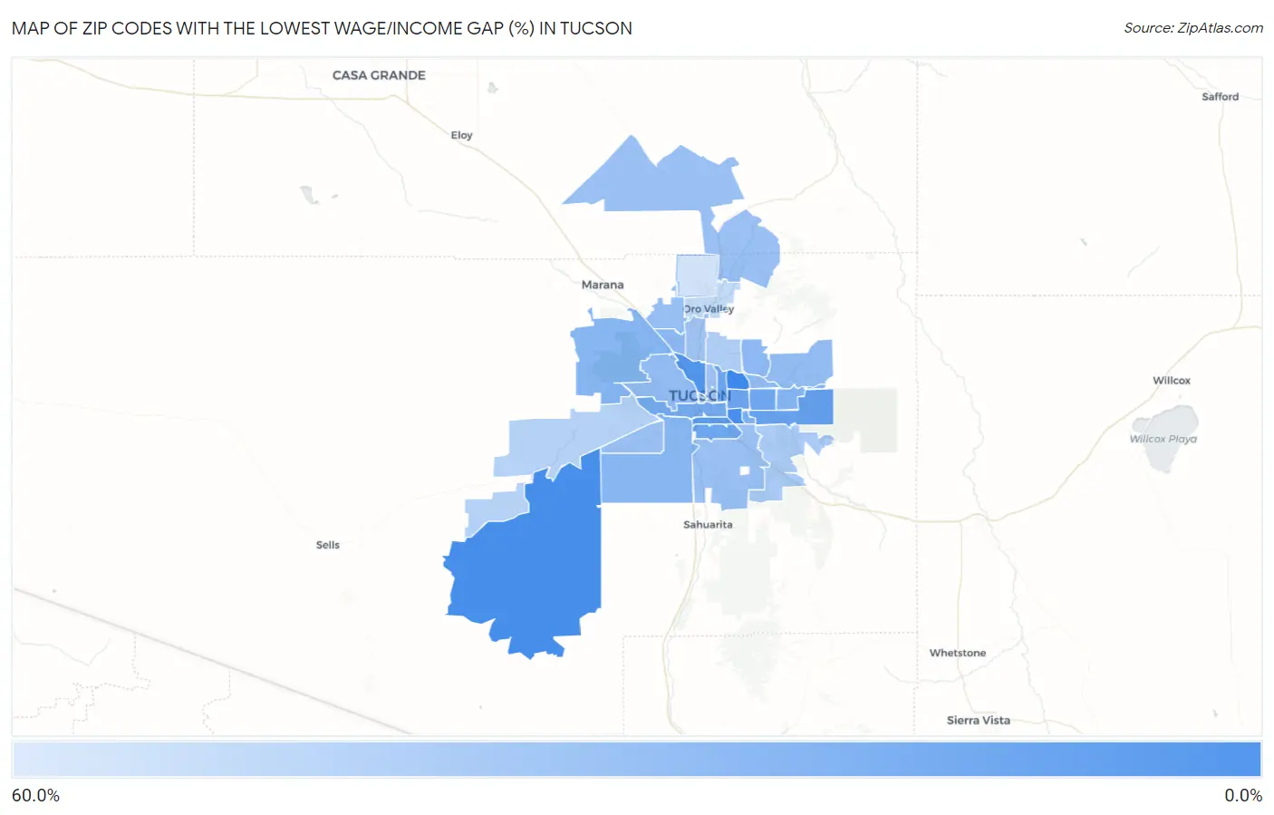 Zip Codes with the Lowest Wage/Income Gap (%) in Tucson Map