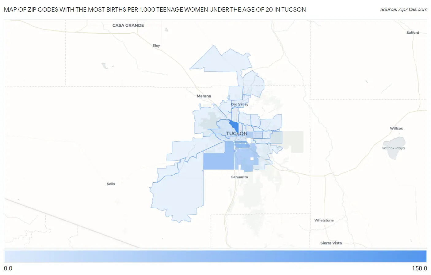 Zip Codes with the Most Births per 1,000 Teenage Women Under the Age of 20 in Tucson Map