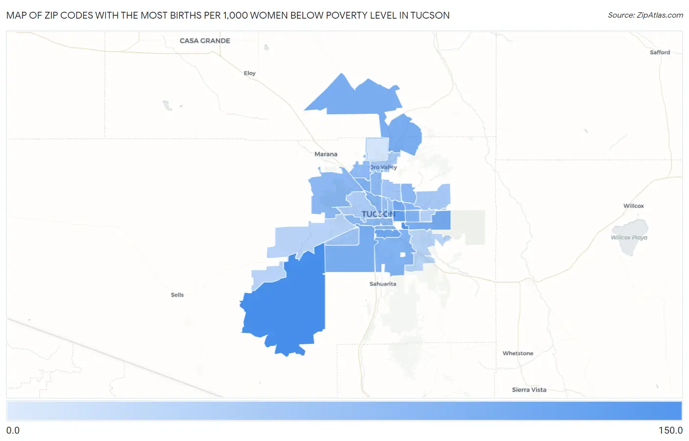 Zip Codes with the Most Births per 1,000 Women Below Poverty Level in Tucson Map