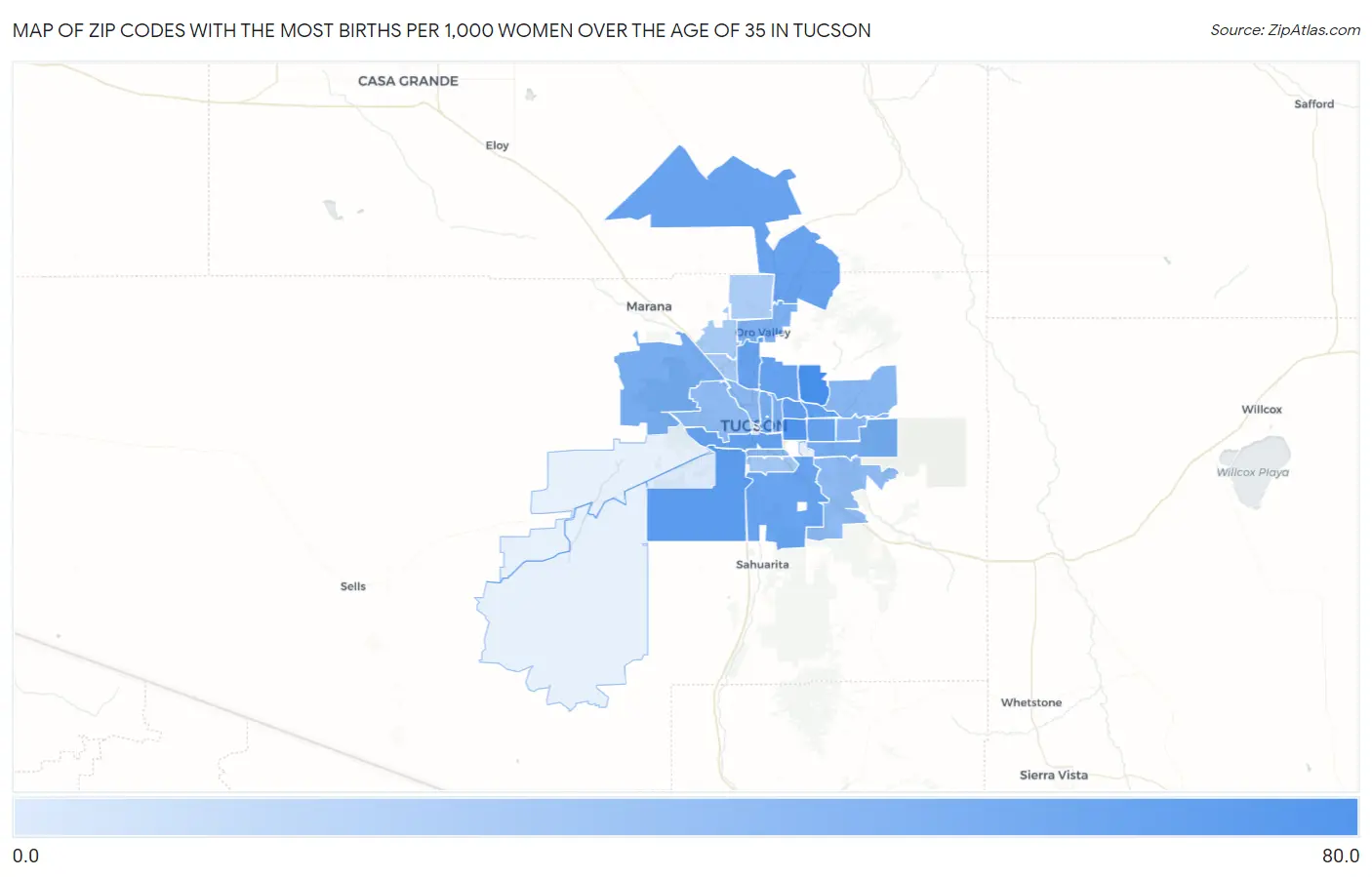 Zip Codes with the Most Births per 1,000 Women Over the Age of 35 in Tucson Map