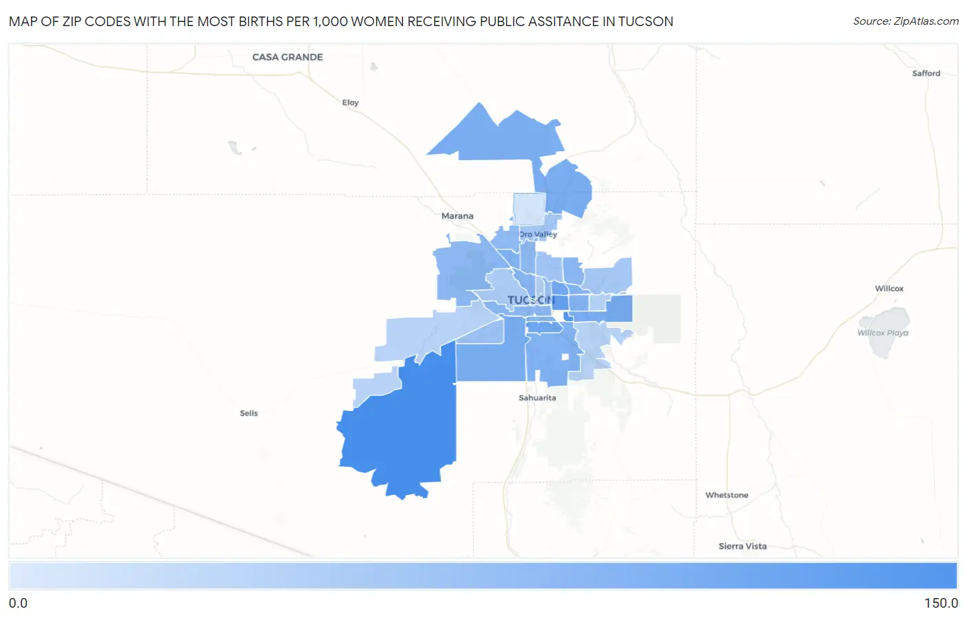 Zip Codes with the Most Births per 1,000 Women Receiving Public Assitance in Tucson Map
