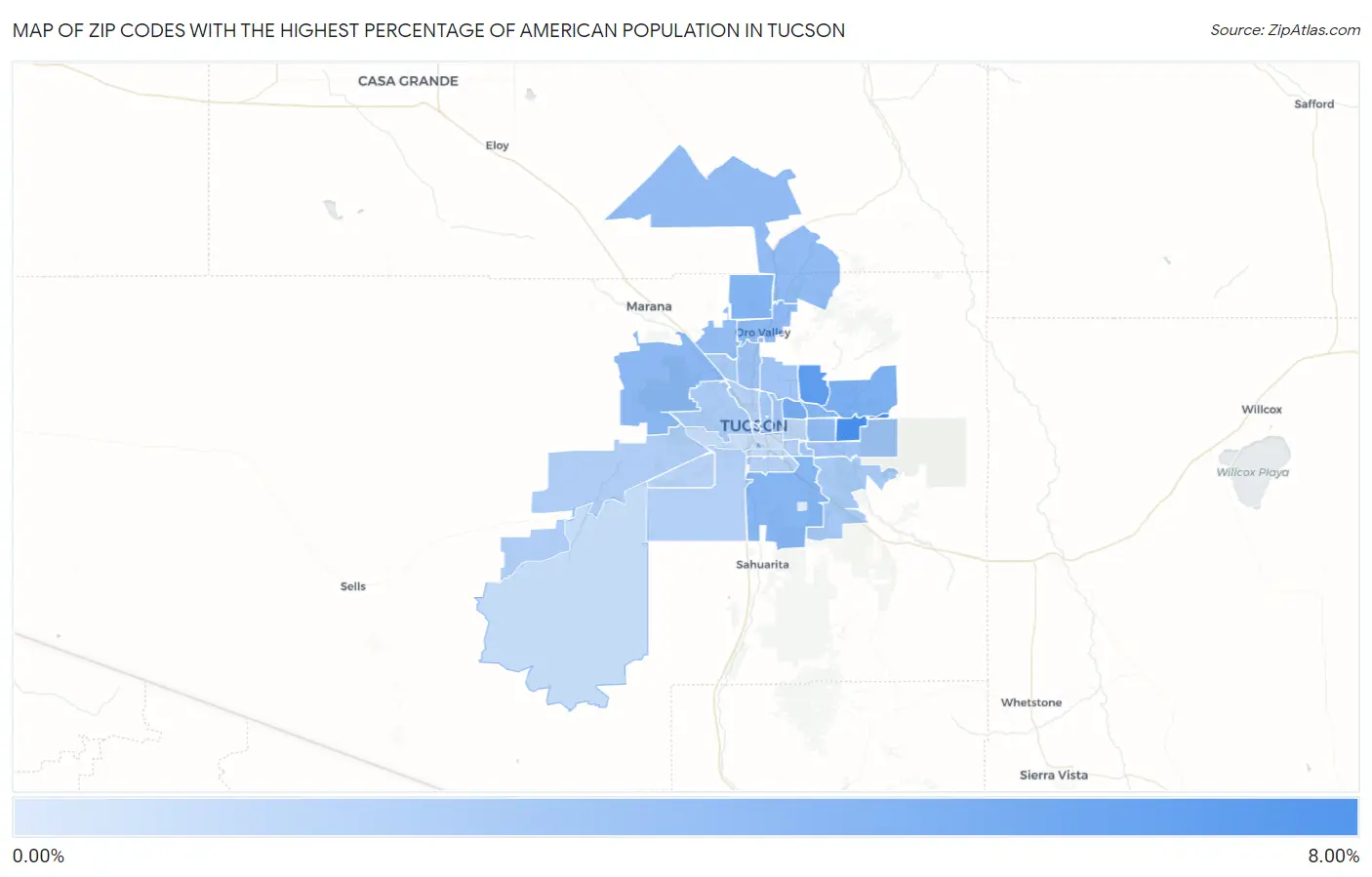 Zip Codes with the Highest Percentage of American Population in Tucson Map