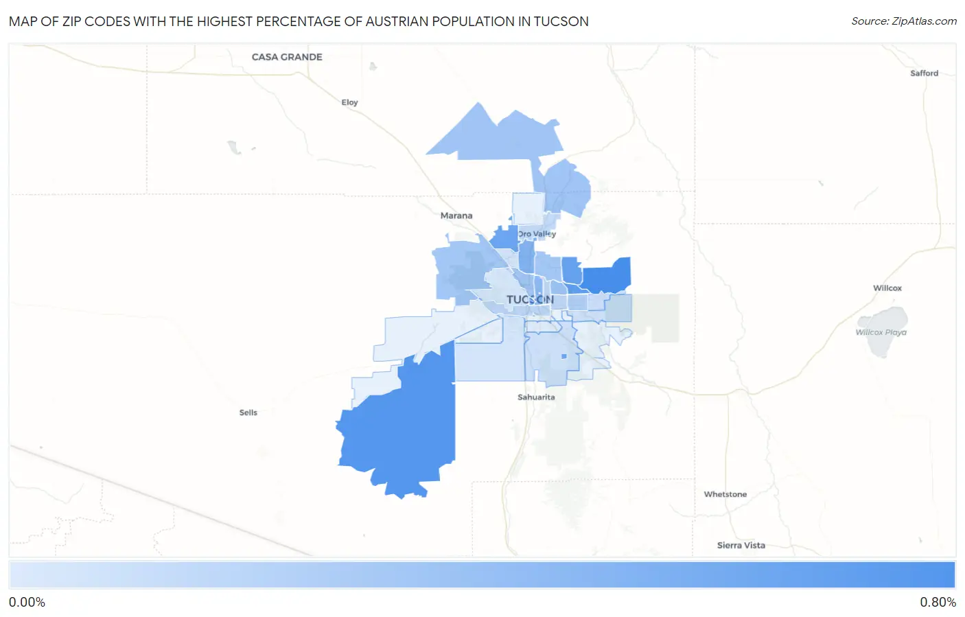 Zip Codes with the Highest Percentage of Austrian Population in Tucson Map
