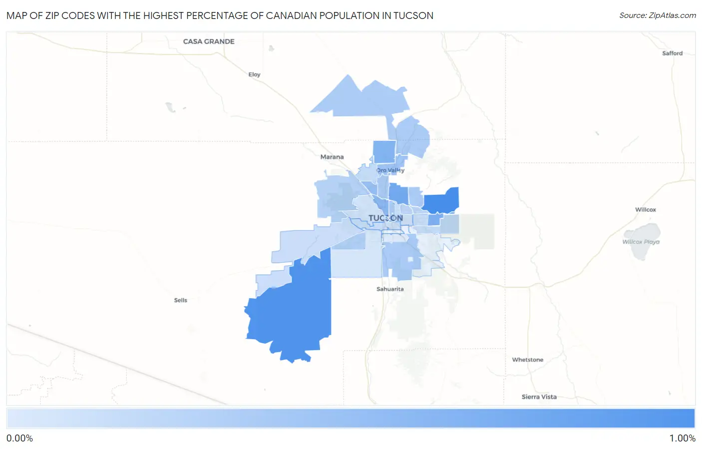 Zip Codes with the Highest Percentage of Canadian Population in Tucson Map