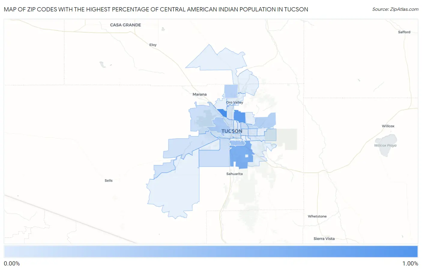Zip Codes with the Highest Percentage of Central American Indian Population in Tucson Map