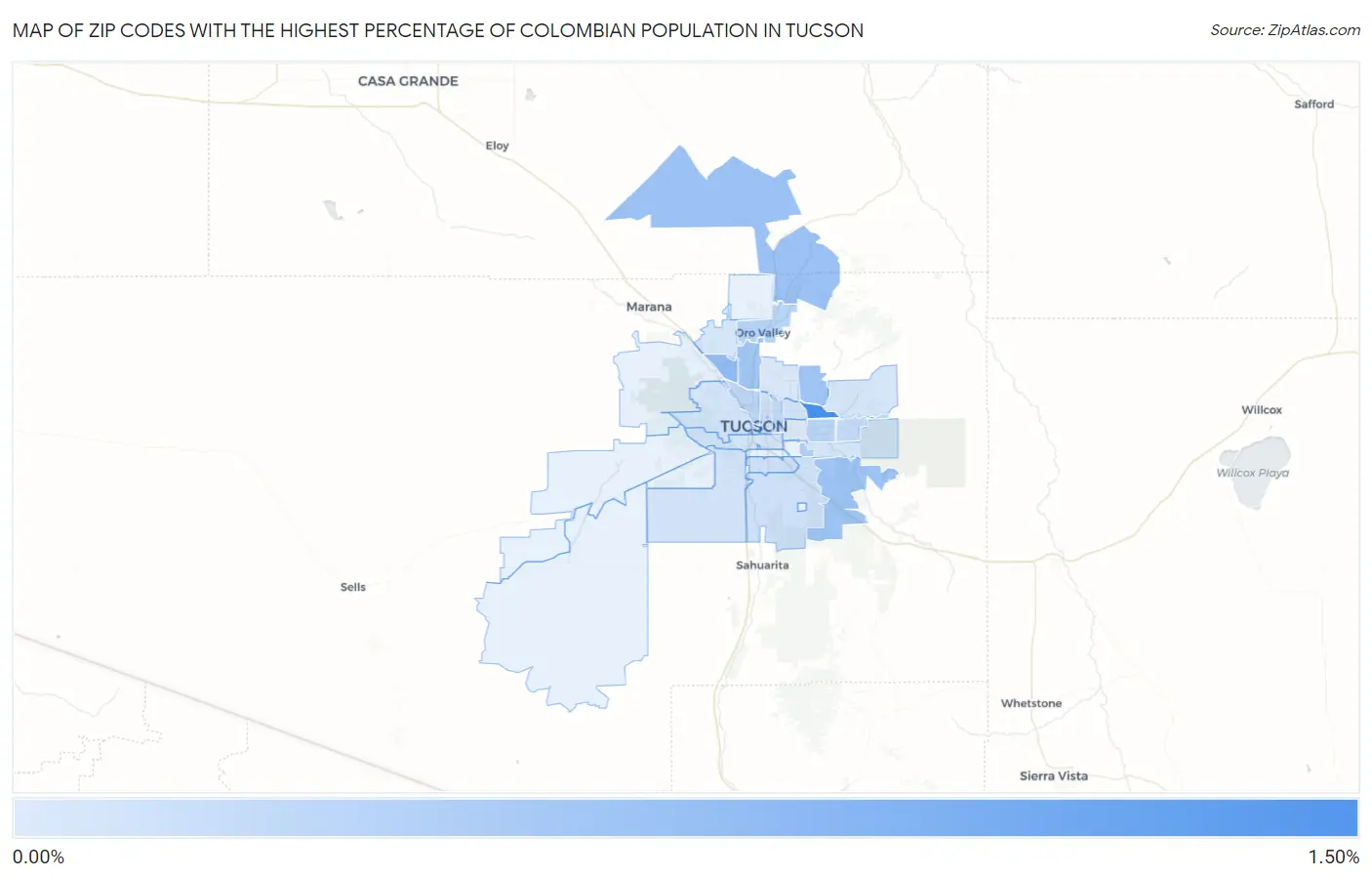 Zip Codes with the Highest Percentage of Colombian Population in Tucson Map