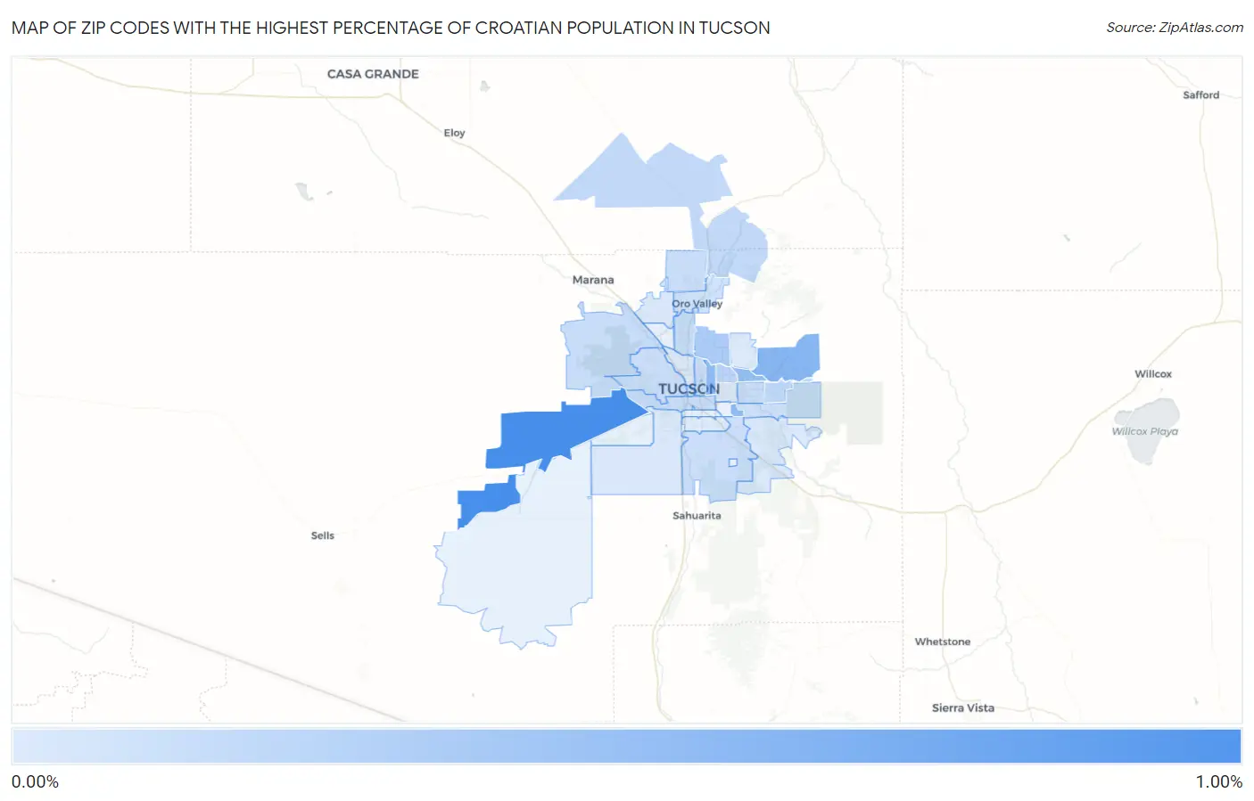 Zip Codes with the Highest Percentage of Croatian Population in Tucson Map