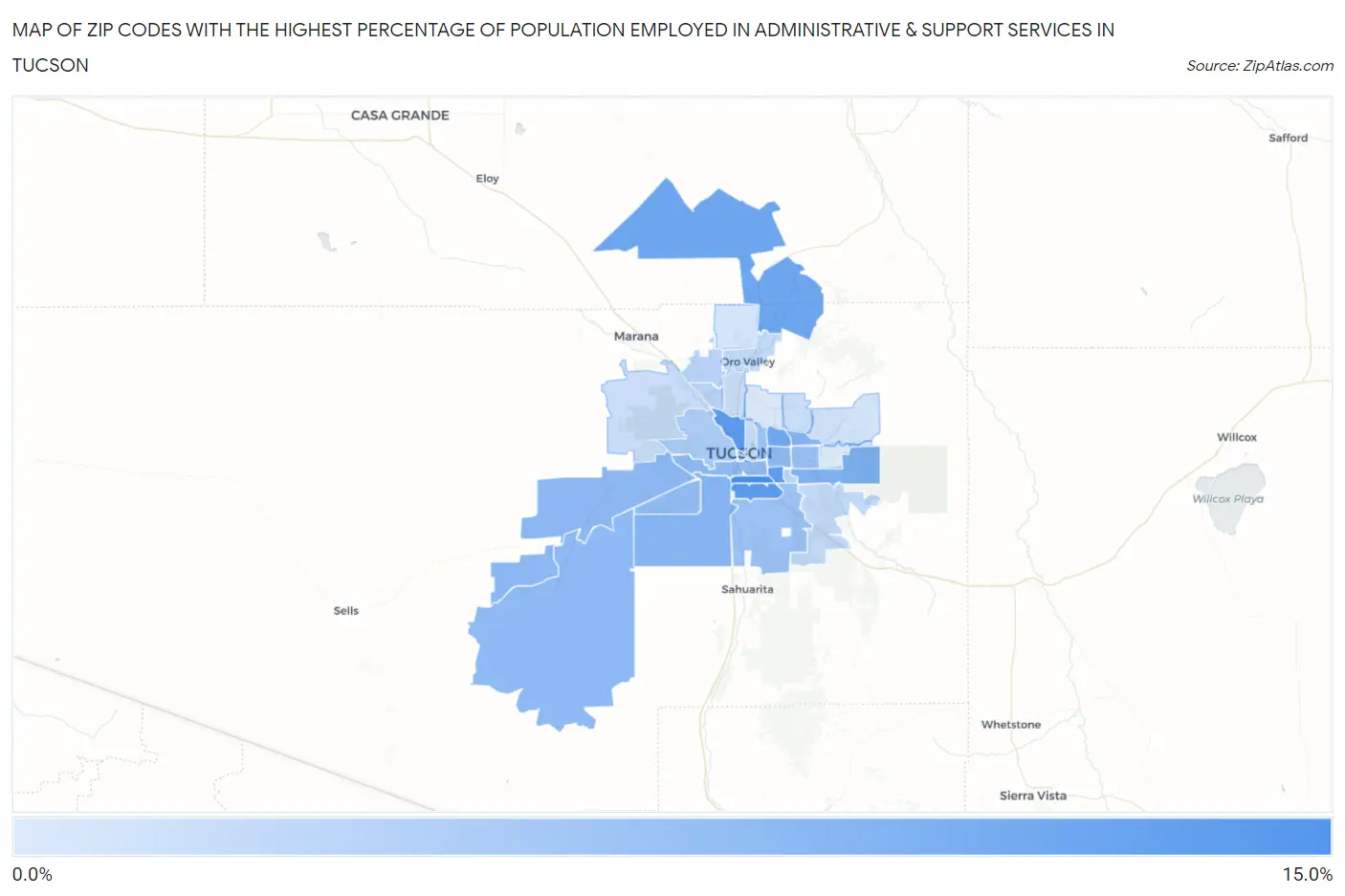 Zip Codes with the Highest Percentage of Population Employed in Administrative & Support Services in Tucson Map