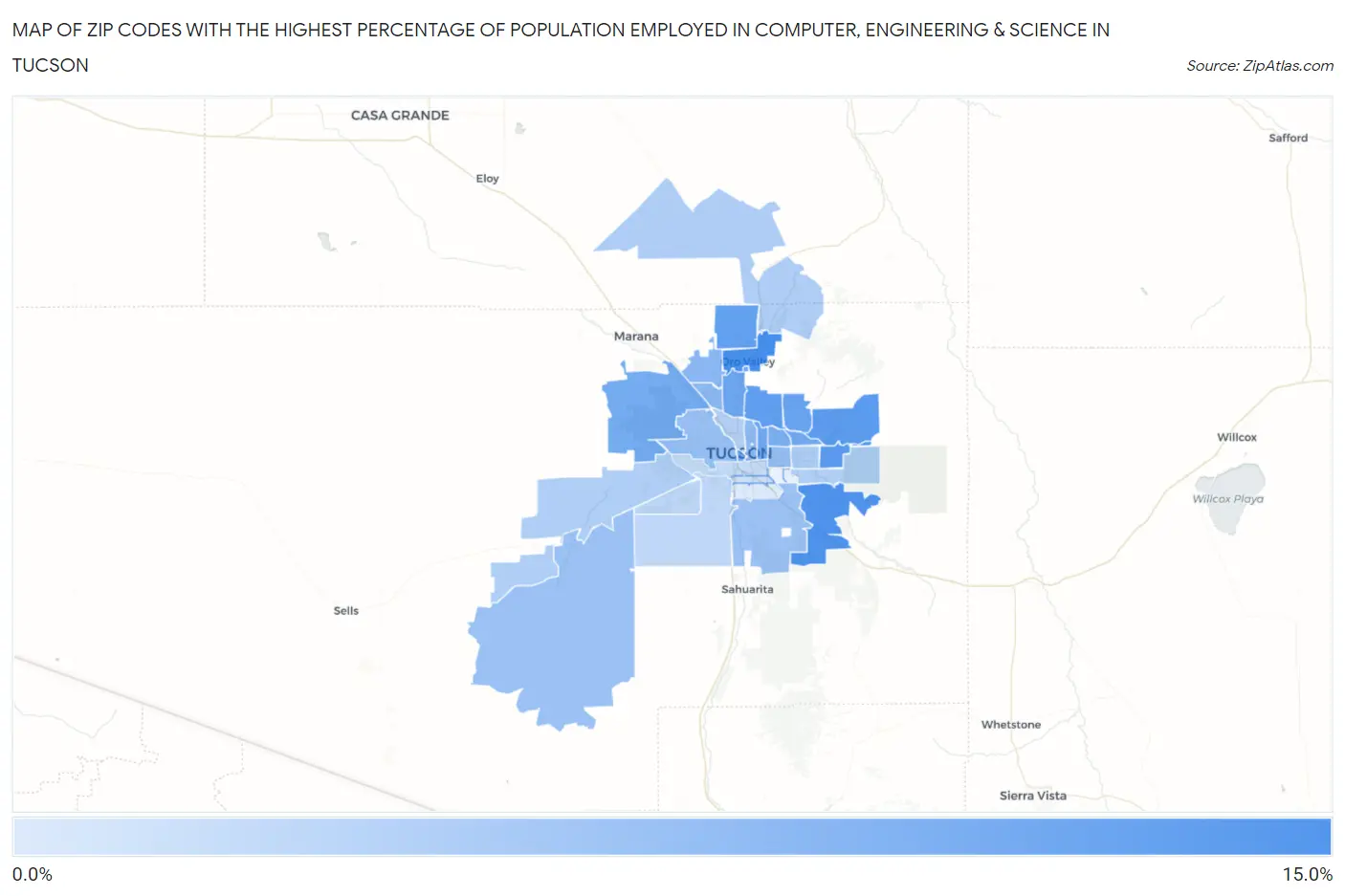 Zip Codes with the Highest Percentage of Population Employed in Computer, Engineering & Science in Tucson Map