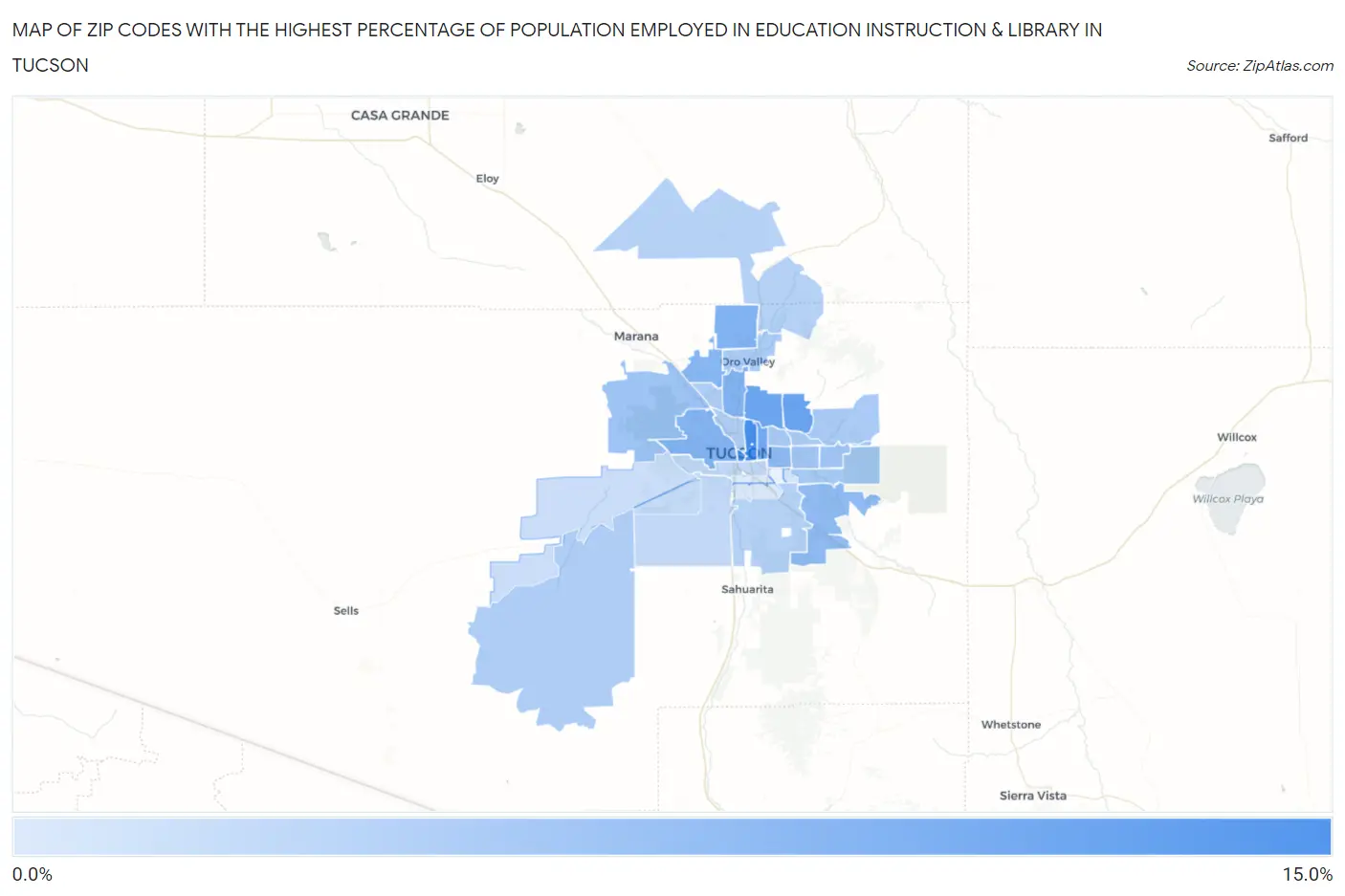 Zip Codes with the Highest Percentage of Population Employed in Education Instruction & Library in Tucson Map