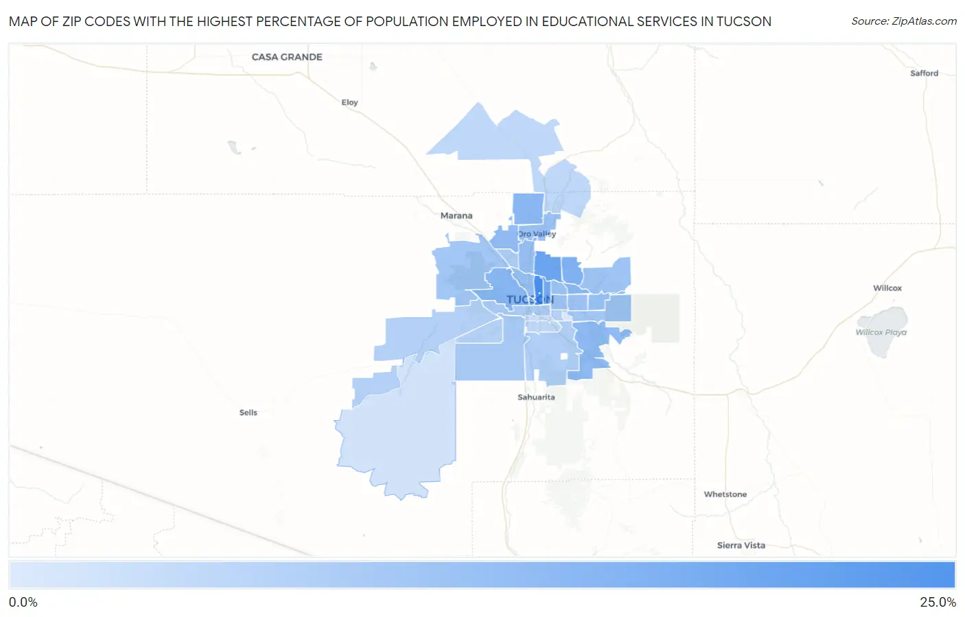 Zip Codes with the Highest Percentage of Population Employed in Educational Services in Tucson Map