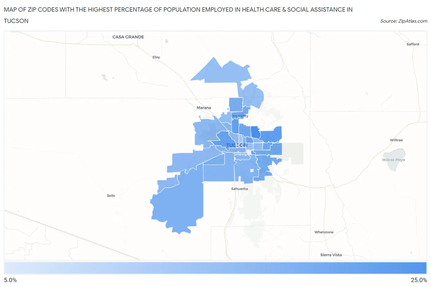 Zip Codes with the Highest Percentage of Population Employed in Health Care & Social Assistance in Tucson Map