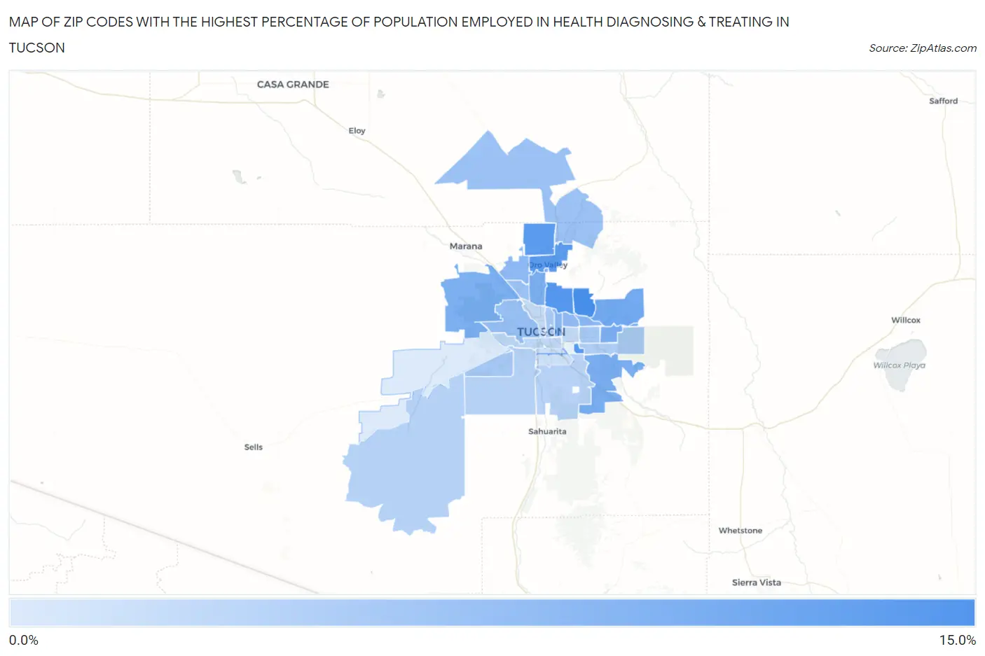 Zip Codes with the Highest Percentage of Population Employed in Health Diagnosing & Treating in Tucson Map