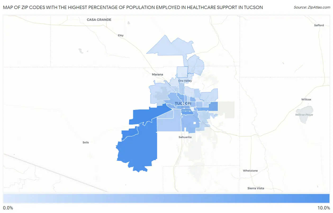 Zip Codes with the Highest Percentage of Population Employed in Healthcare Support in Tucson Map