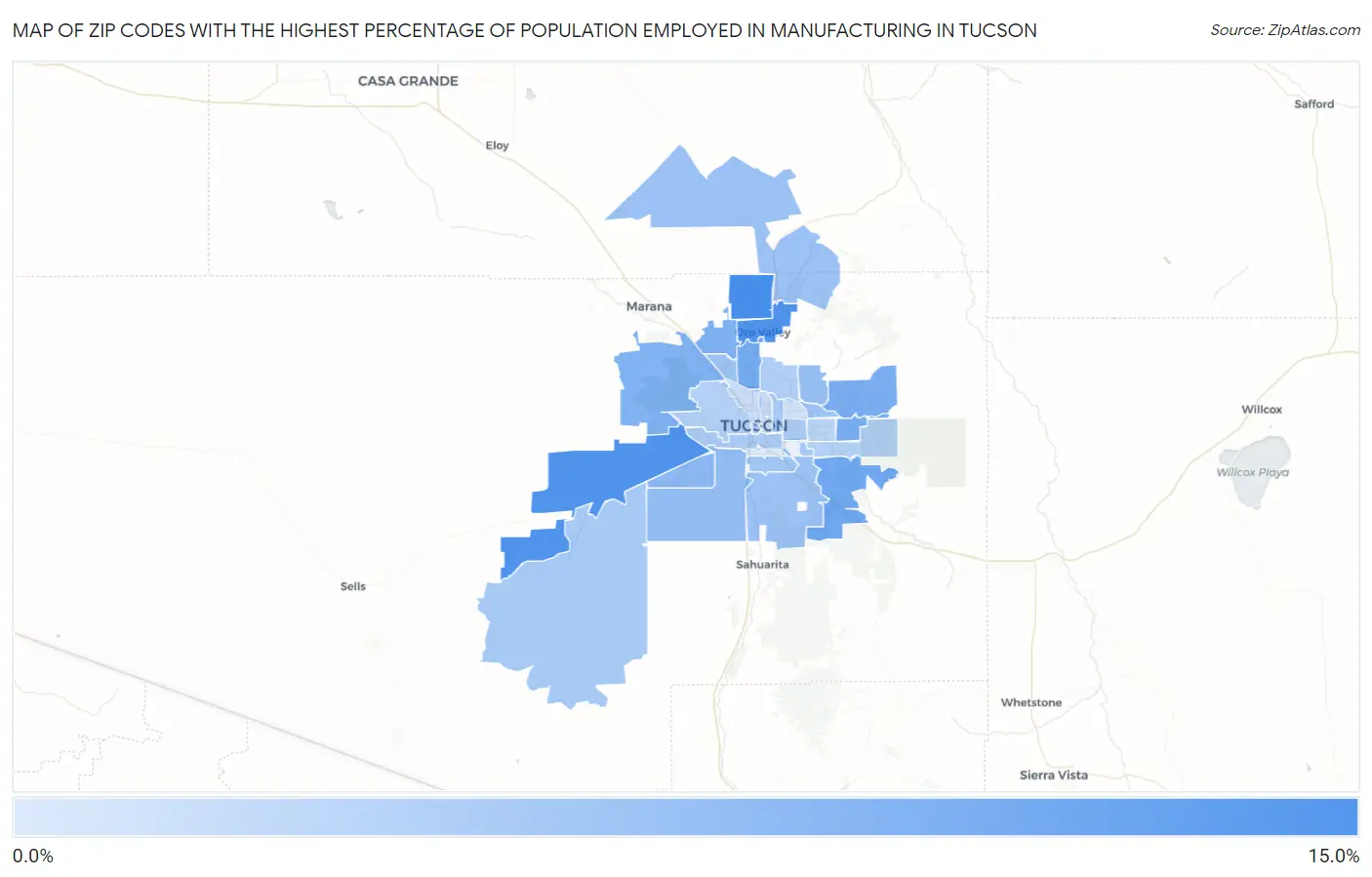 Zip Codes with the Highest Percentage of Population Employed in Manufacturing in Tucson Map