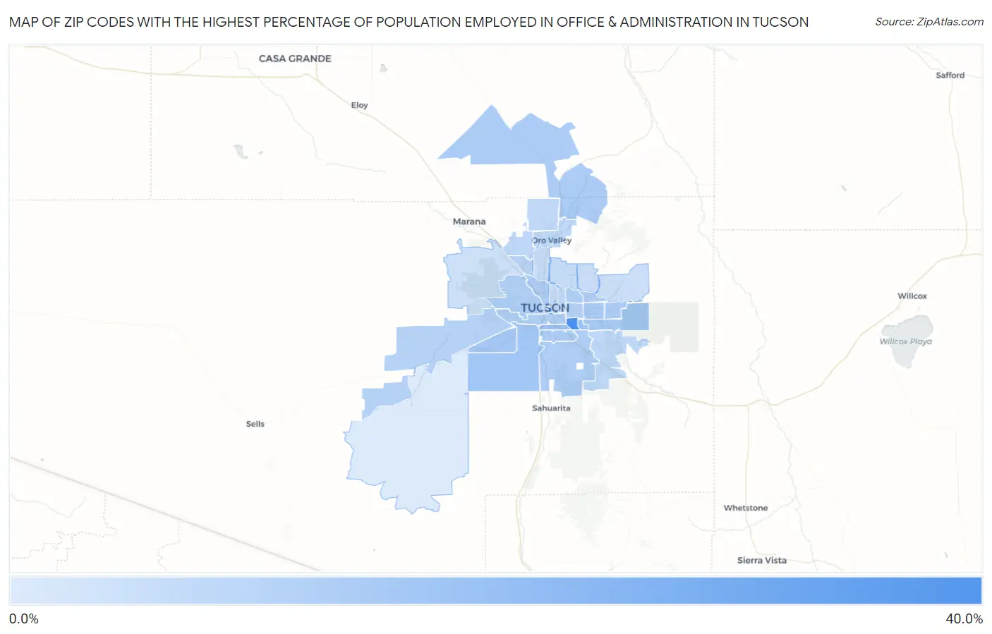 Zip Codes with the Highest Percentage of Population Employed in Office & Administration in Tucson Map