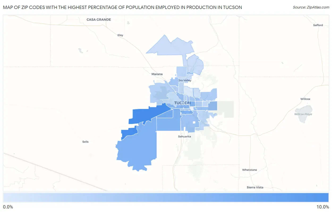 Zip Codes with the Highest Percentage of Population Employed in Production in Tucson Map