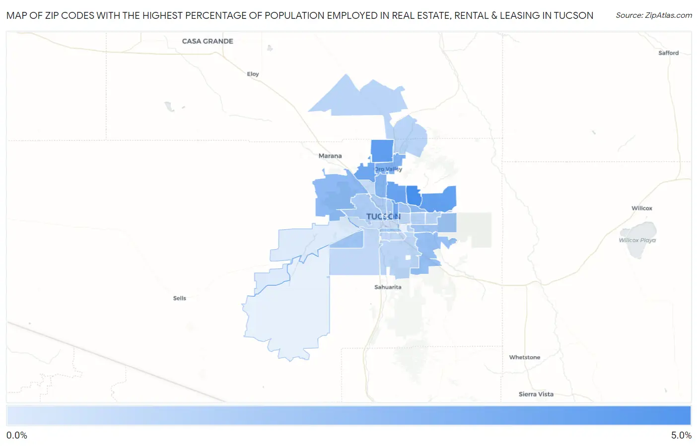 Zip Codes with the Highest Percentage of Population Employed in Real Estate, Rental & Leasing in Tucson Map