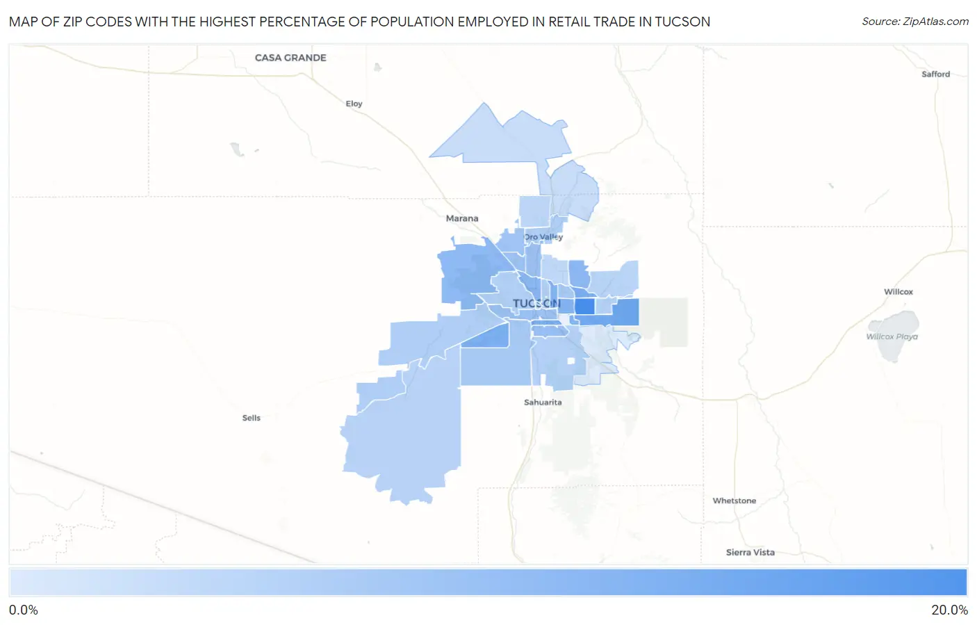 Zip Codes with the Highest Percentage of Population Employed in Retail Trade in Tucson Map