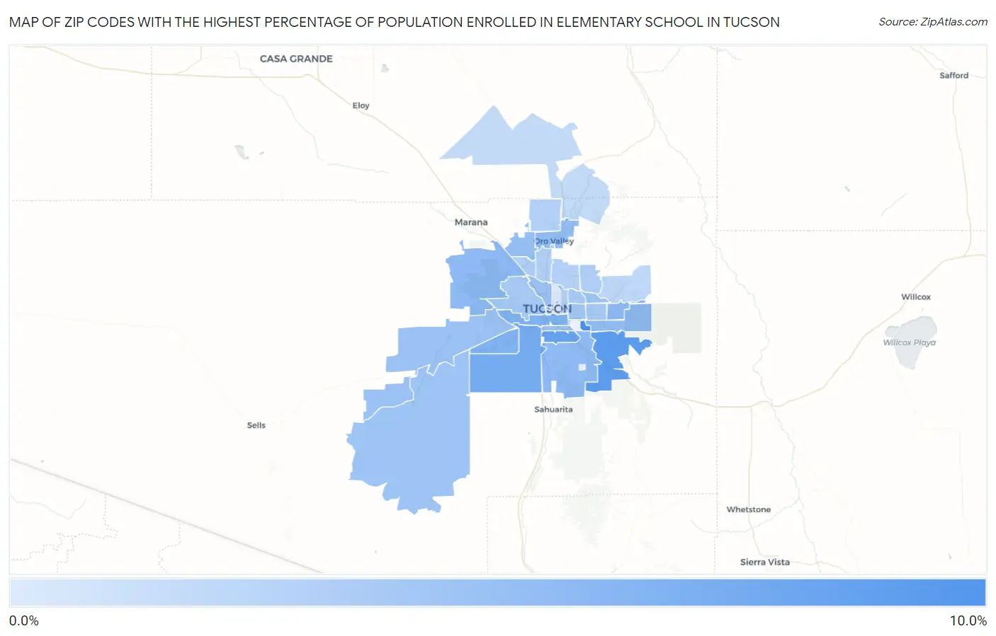 Zip Codes with the Highest Percentage of Population Enrolled in Elementary School in Tucson Map