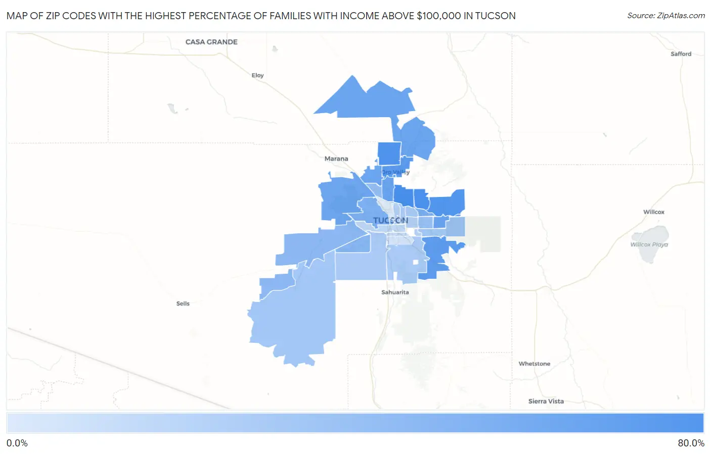 Zip Codes with the Highest Percentage of Families with Income Above $100,000 in Tucson Map