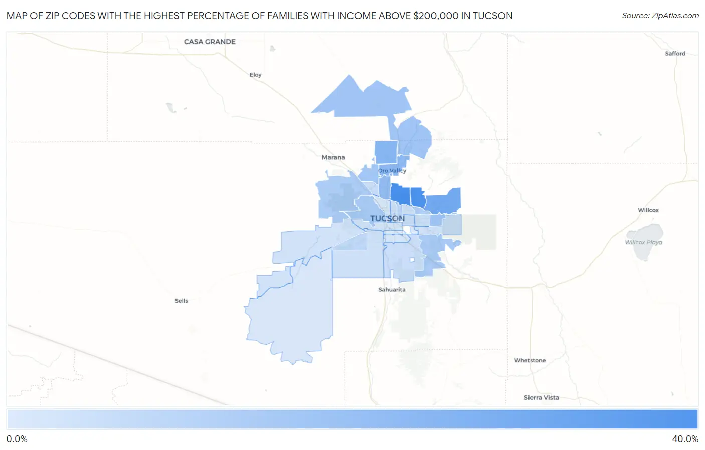 Zip Codes with the Highest Percentage of Families with Income Above $200,000 in Tucson Map